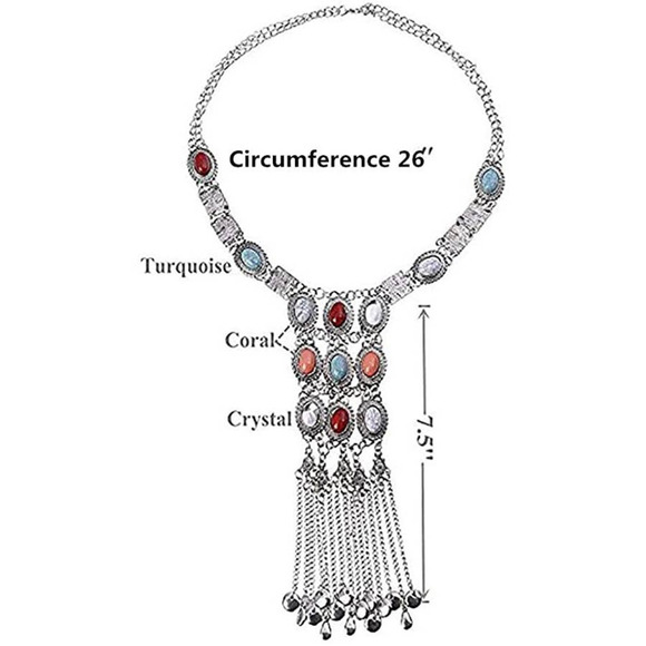 Long Silver Necklace Turquoise  Gemstone Boho Ethnic Tribal Necklace Bohemian - Picture 6 of 6